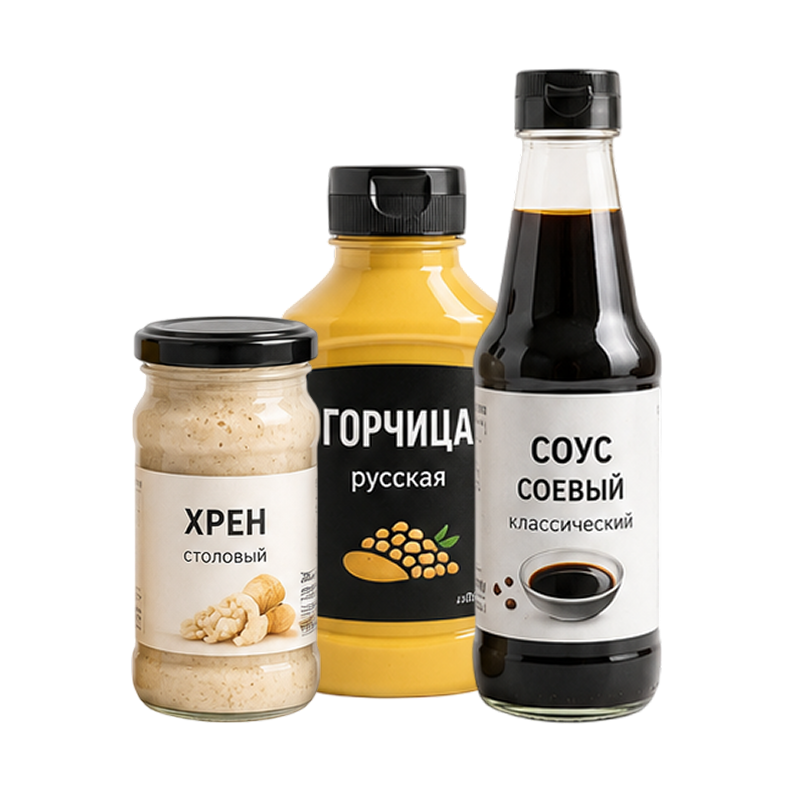 Соусы, уксус, горчица, хрен
