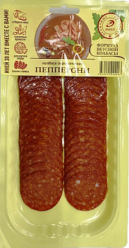 Колбаса (нарезка) Пепперони сырокопченая (вак/уп) 80г/1шт "Иней" 