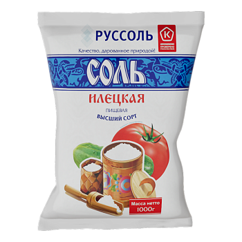 Соль Помол №1 "Илецкая" Гост в/с (пакет) 1кг/50шт "Руссоль"